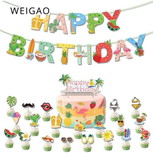 Hawaii Birthday Decorations Happy Birthday Bunting Banner Cake Topper Summer Tropical Fruit Luau Party Beach Pool Party Supplies