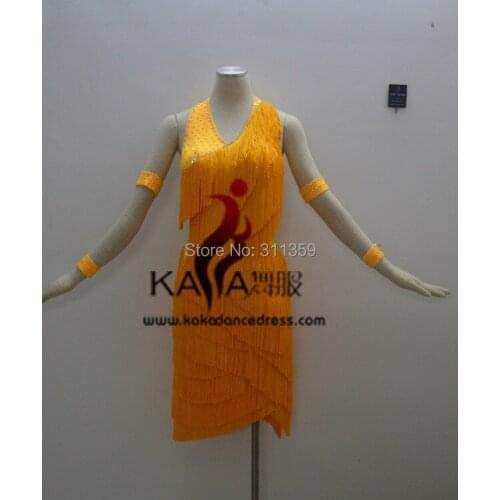Hot Sales!KAKA-L140250,Women Dance Wear,Gold Yellow Fringe Latin Dress,Salsa Dress Tango Samba Rumba Chacha Dress,Latin Dance