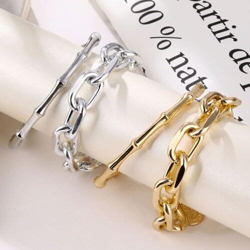 IPARAM 2Pcs/Lot Punk Miami Curb Cuban Thick Bracelets Bangles Carved Coin Pendant Gold Color Chunky Bamboo Bracelet Jewelry