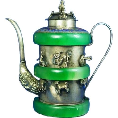 Chinese Handwork Silver Jade Monkey Teapot