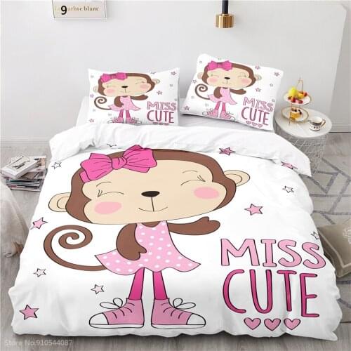 Cartoon Cute Miss Monkey Printed Bedding Set Children Duvet Cover Set Pillowcase Boys Girls Kids Bedclothes Twin Full Queen King