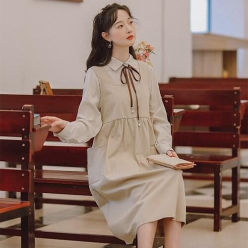 Korean Loose Cute Student Two Piece Set Women Bow Tie Lace Lapel All-match Solid Color Shirt Top+Loose Thin Strap Dress OL Suit