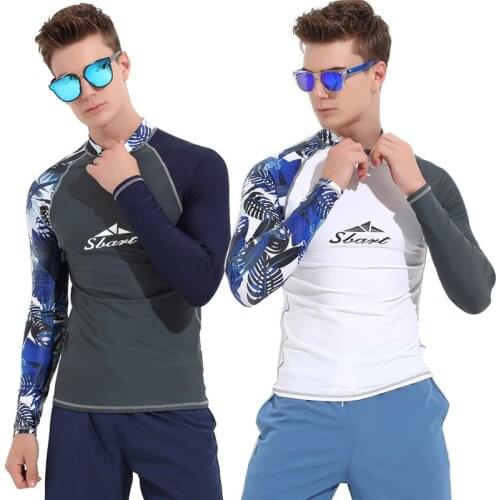 Sbart 1PC Grey/White Printed Swimsuit Long Sleeve Rash Guard Shirts Men Swim Top Male Swimwear Male Surfing Windsurf Wetsuits CO
