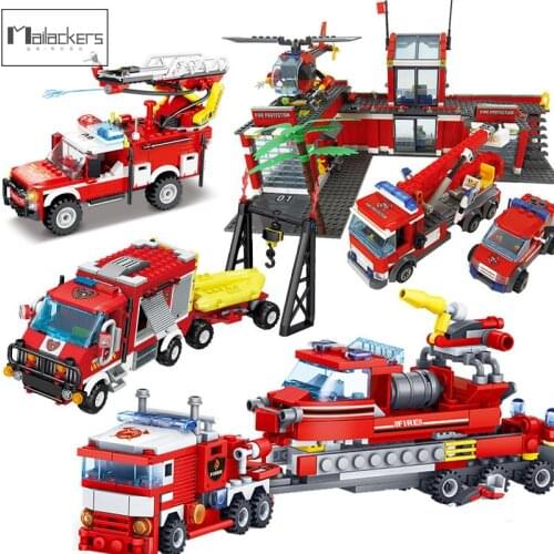 Mailackers Fire Station Set City Rescue Fire Truck Aerial Ladder Helicopter Boat Firemen Figures Building Blocks Bricks Kids Toy