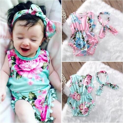 Newborn Infant Baby Girls Sweet Lovely Summer Romper 2PCS Sleeveless O-Neck Floral Print Tassel Elastic Waist Romper Headband