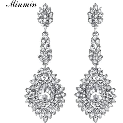 Minmin Luxury Teardrop Crystal Long Drop Earrings Silver Color Chandelier Hanging Earring Bridal Wedding Jewelry for Women EH192