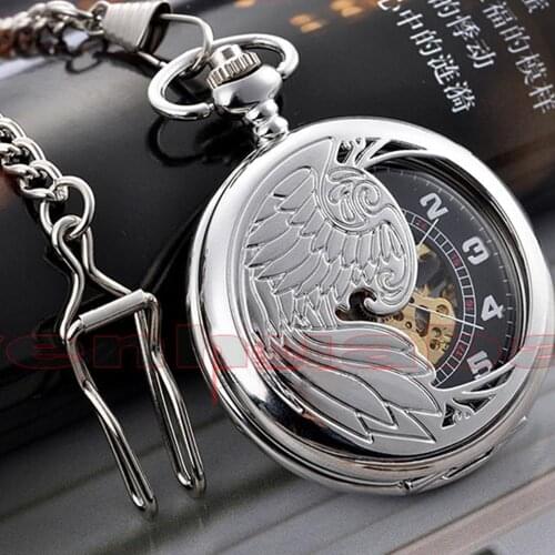 Fashion Phoenix Wing Hollow Silver Case Black Dial Skeleton Automatic Mechanical Men Women Pocket Watch FOB Chain Gift