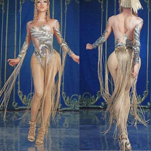 Fashion Women Performance Dance Costume tassel Printing Sexy Bodysuit Elastic Leotard Stage nightclub Wear Bar Party Show Dancer