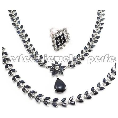 Sappphire set Natural sapphire including ring/necklace/chain bracelet 925 sterling silver 0.13ct*220pcs,0.35ct*9pcs,2.6ct*1pc