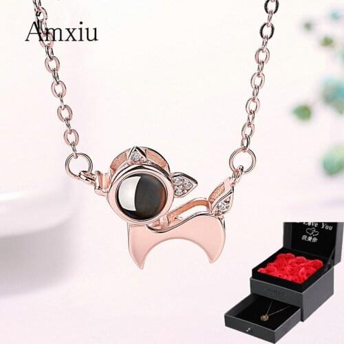 Amxiu 925 Silver Choker Necklace 100 languages I love you Projection Necklace Cute Dog Necklace Zircons Pendants For Women Gifts