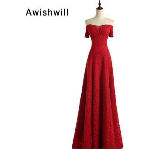 Simple Design Red Formal Dress Off the Shoulder A-line Floor Length Lace Evening Dress Corset Back Cheap Party Dress Customized