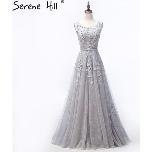 Grey Sexy Backless Tulle A-Line Evening Gowns Beading Appliques Sleeveless Formal Party Dress 2020 Serene Hill HA2152