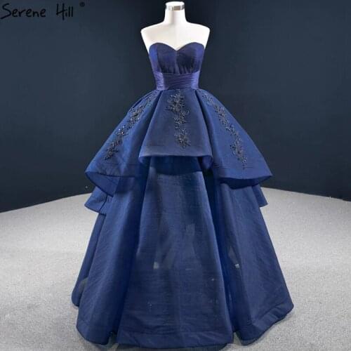 Navy Blue Ball Gowns Sexy Evening Dresses 2020 Off Shoulder Beading Tiered Formal Dress Serene Hill HM67161