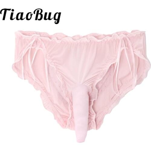 Mens Sissy Gay Lingerie Underpants Bulge Pouch Ruffles Bowknot Sexy Bottoms Transparent Mesh Hollow Out Back Low Waist Panties