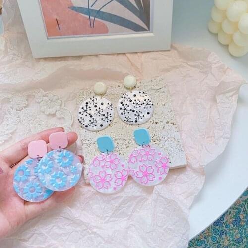 Exaggerated Summer Fashion Sweet Flower Round Earrings Literary Small Fresh Girl Acrylic Drop Ear Jewelry Female Accessorise