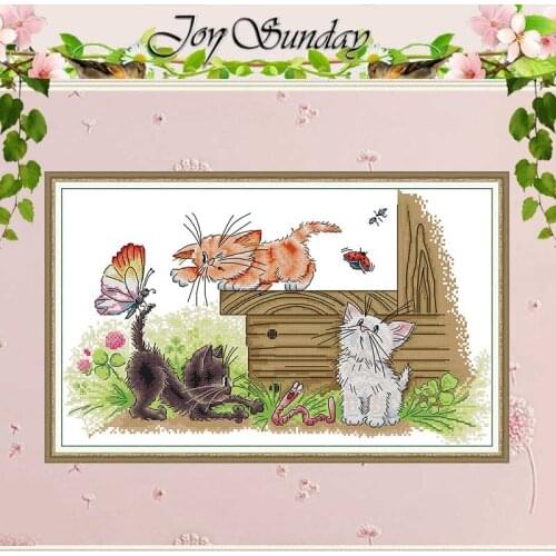 Three Cats Flapping Butterflies Counted Handmade Cross Stitch 11CT 14CT printed Cross Stitch Kits Embroidery for Needlework