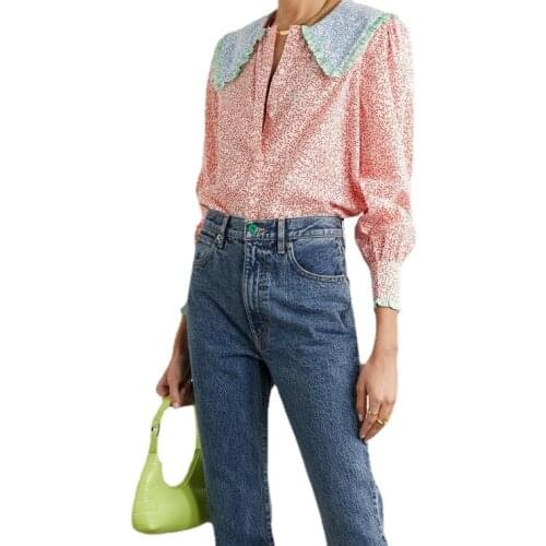 Women Shirts 2021 Autumn New Retro Wild Stitching Leopard Print Long Sleeve Shirt Doll Collar Top Women