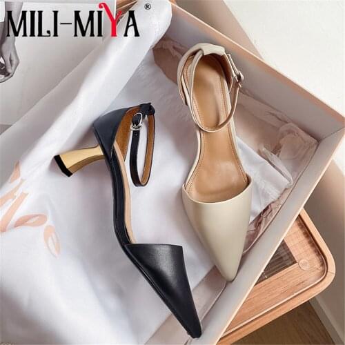 MILI-MIYA Fashion Women Full Genuine Leather Pumps Buckle Strap Ankle Wrap Square Heels Pointed Toe Career&Office Shoes