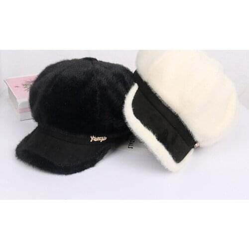 Womens Autumn and Winter Imitation Mink Hair Windproof Warm Retro Octagonal Beret