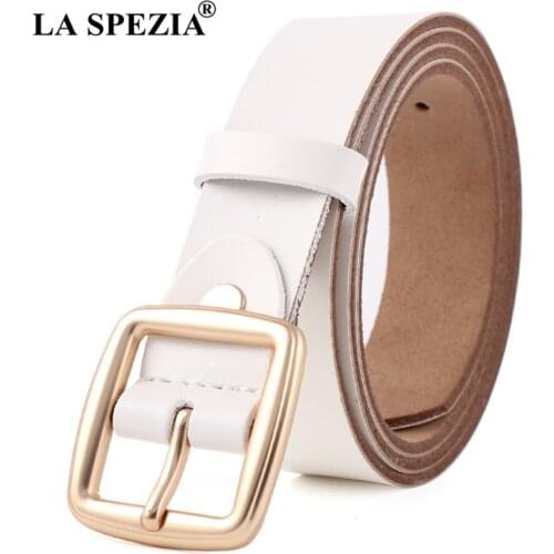 LA SPEZIA Women Belt Genuine Leather White Pin Buckle Real Leather Belt Women Black White Burgundy Coffee Casual Ladies Belt