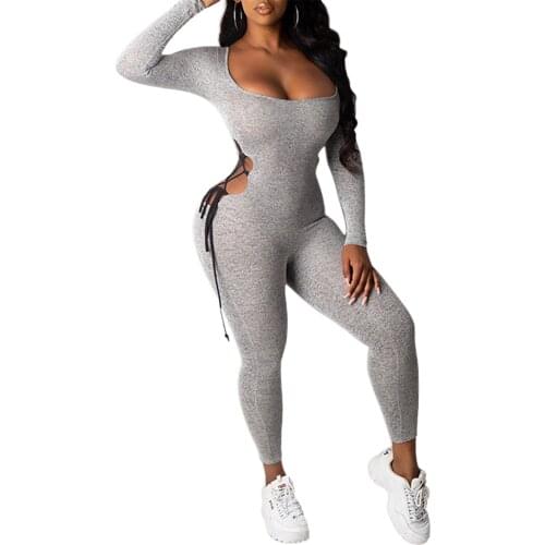 Womens Sports Jumpsuit , Casual Playsuit , Elastic Waist Hollow Side Bandage Gym Yoga Running Long Sleeve Wear