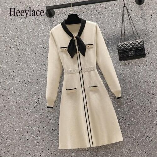 Plus Size women knitted dress Autumn winter Bow neck female sweater dress Office lady solid Elegant pullover jumper mini dresses