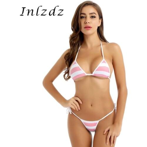 2Pcs Womens Mini Bikini Swimsuit Japanese Style Cute Micro Bikini Lingerie Set Self-tie Halter Neck Bra Top with G-String Briefs