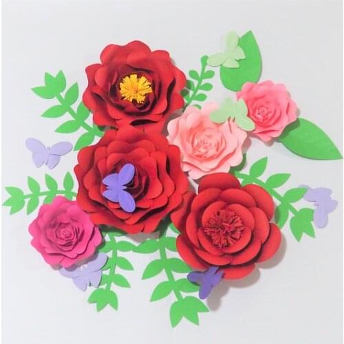 2018 Set of 6 Giant Paper Flowers+8 Leaves + 7 Butterfly For Showcase Wedding Backdrops Props flores artificiais para decora o