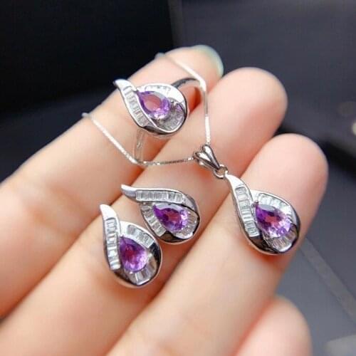 2021 fashion natural purple amethyst jewelry set including stud earrings ring necklace real 925 silver girl party gift Aquarius