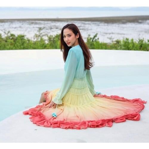 Rainbow Strip Long Dress V-neck sexy luxury party Dress Fringe multi-layer Chiffon Sundress Vacation Cake Princess Merman dress