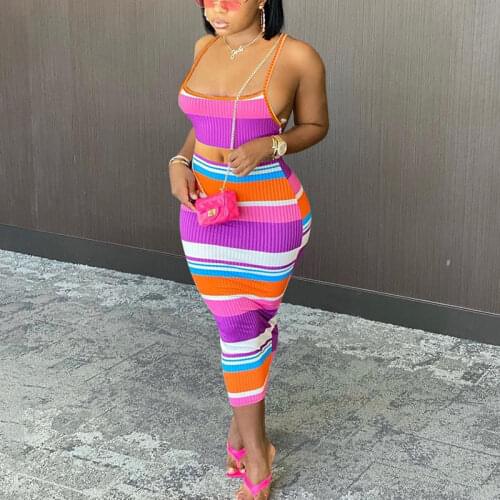 Two Piece Striped Dress Suits Spaghetti Strap Crop Top & Bodycon Midi Skirt Set