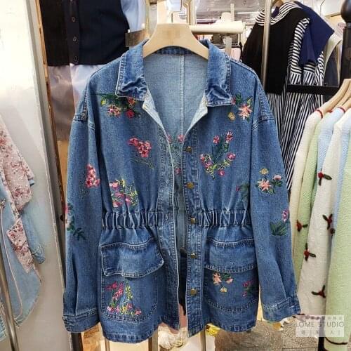 Elastic waist Embroidery Denim Jacket Women Student Outwear Chaqueta Mujer Big size Loose Pocket Jeans Jackets Female Streetwear