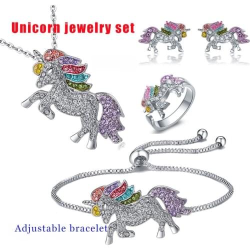 Fashion CZ Rainbow Unicorn Pendant Necklace Earrings Bracelet Ring Sets for Women Girls Metal Zircon Colorful Pony Jewelry Set