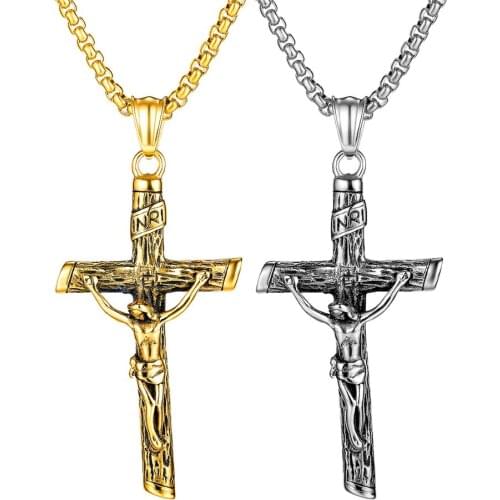 2020 Punk Gold Color Jesus Cross Pendant Necklaces Men Vintage Religious Stainless Steel Jewelry Accessories Necklace Wholesale