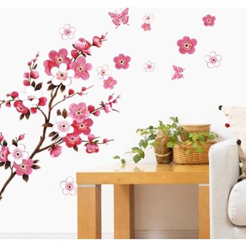Pink Cherry Blossom Wall Sticker Flowers Petals Tree PVC Art Decals Mural Living Room Home Decor