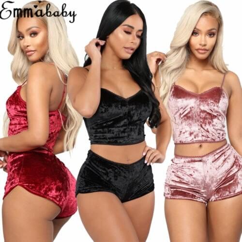 Womens Sexy Silk Satin Velvet V-Neck Open Back Lace Adjustable Shoulder Strap Short Pajama High Waist Loose Elastic Pajama Set