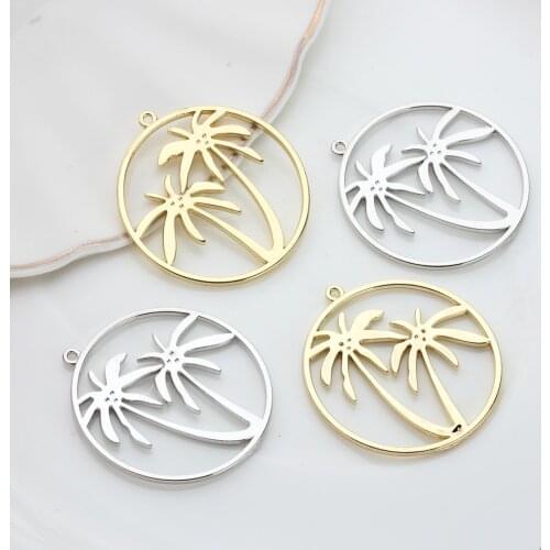 35mm Zinc Alloy Golden Silver Coconut Tree Charms Round Hollow Out Pendant 6pcs/lot For DIY Jewelry Earring Making Accessories