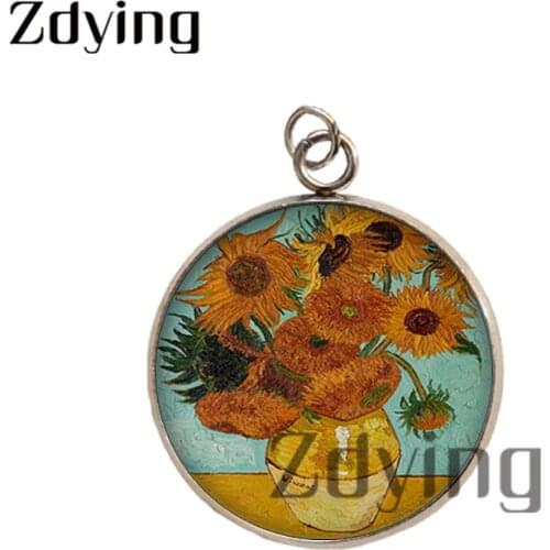Zdying Van Gogh Sunflower Painting Stainless Steel Pendants Glass Cabochon Image Dome Charms Necklace Jewelry Accessories VG006