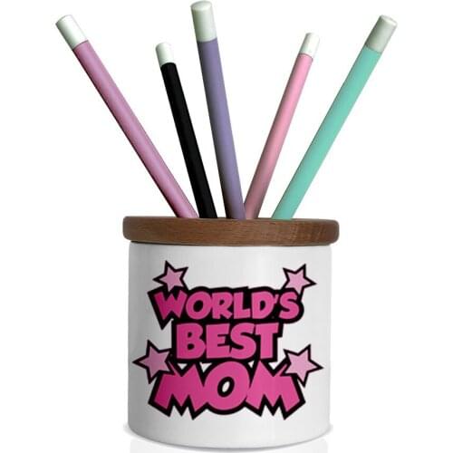 Custog Pen/Pencil Holder For Desk Organizer With Wooden Cover Office Desk Accessories Words Best Mom