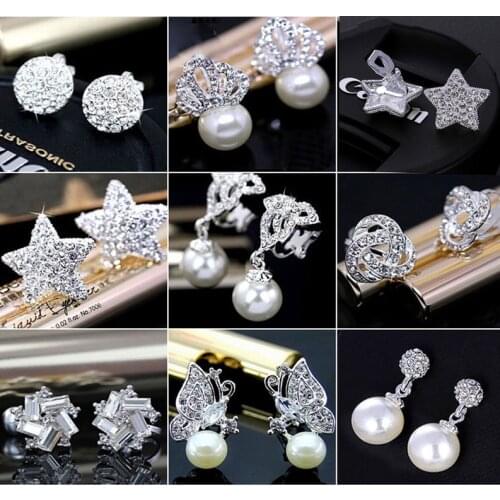GRACE JUN New Simulated Pearl Rinestone Star Crown Butterfly Bowknot Clip on Earrings No Pierced for Girls Charm Ear Clip Gift