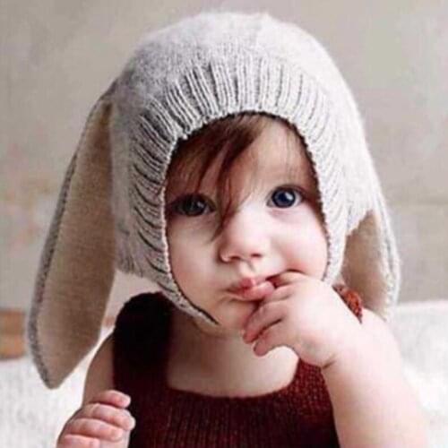 Baby Boy Girl Unisex Winter Warm Gray Knitted Rabbit Hat 3M-2Y Infant Toddler Kids Casual Cotton Crochet Bunny Beanie Cap