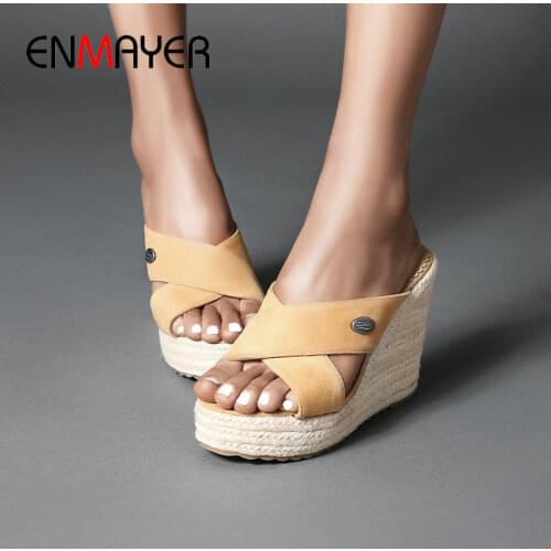 ENMAYER PU Fashion Summer Outside Women Slippers Solid Flock Womens Shoes Platform Basic 22020 Wedges Heels Slides Size 34-43