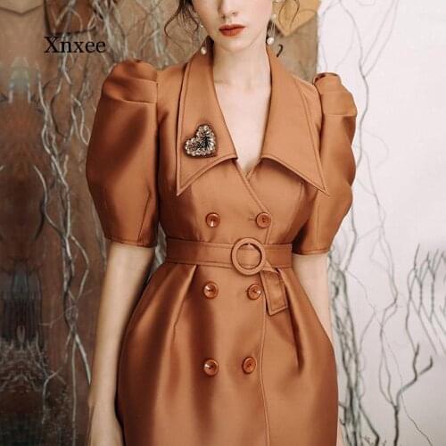 New French Style Temperament Suit Dress Women Spring Summer Collar Double-Breasted Waist Slimming Party Celebrity Retro Dresses