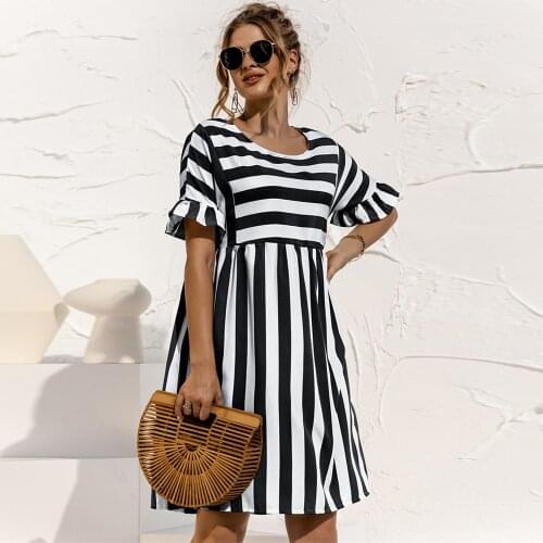 Casual Striped Patchwork A Line Dress Women 2021 Summer Elegant Ruffles Sleeve High Waist O Neck Loose Pocket Beach Dress Female