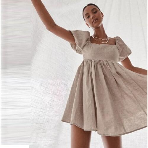 Vintage Casual Mini Dress Summer Women Puff Sleeve Square Collar High Waist A-Line Khaki Color Elegant Sweet Summer Dress 2021