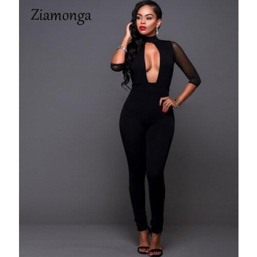Ziamonga Mesh Patchwork Jumpsuit Women Deep V Neck Long Sleeve Women Jumpsuit Elegant Slim Long Pants Jumpsuit Women Overalls