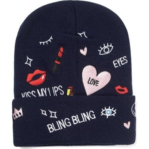 2021 Beanie Winter Knitted Hat Wool Women Beanies Hat Lips Heart Embroidery Skullies Cap For Men Kpop Popular Use Of Personality