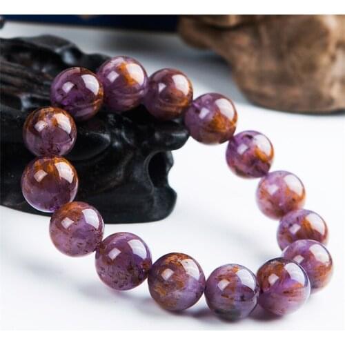 15mm Natural Genuine Purple Gold Cacoxenite Titanium Rutilated Quartz Crystal Big Round Bead Power Women Men Stretch Bracelet