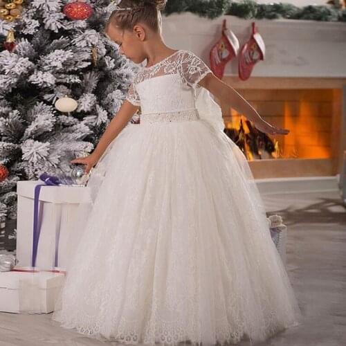 White Flower Girl Dresses Short Sleeve Lace Applique Fluffy For Kids Custom Princess Party Birthday Prom Communion Dresses