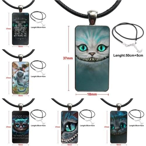 Cheshire Cat For Women Kids Steel Color Glass Cabochon With Rectangle Shaped Pendant Choker Necklace